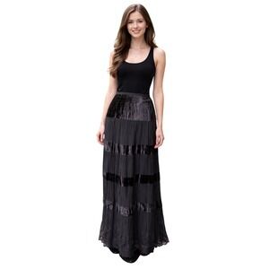 Bernini Beverly Hills Black Velvet Chiffon Tiered Maxi Skirt Lace Hem Large